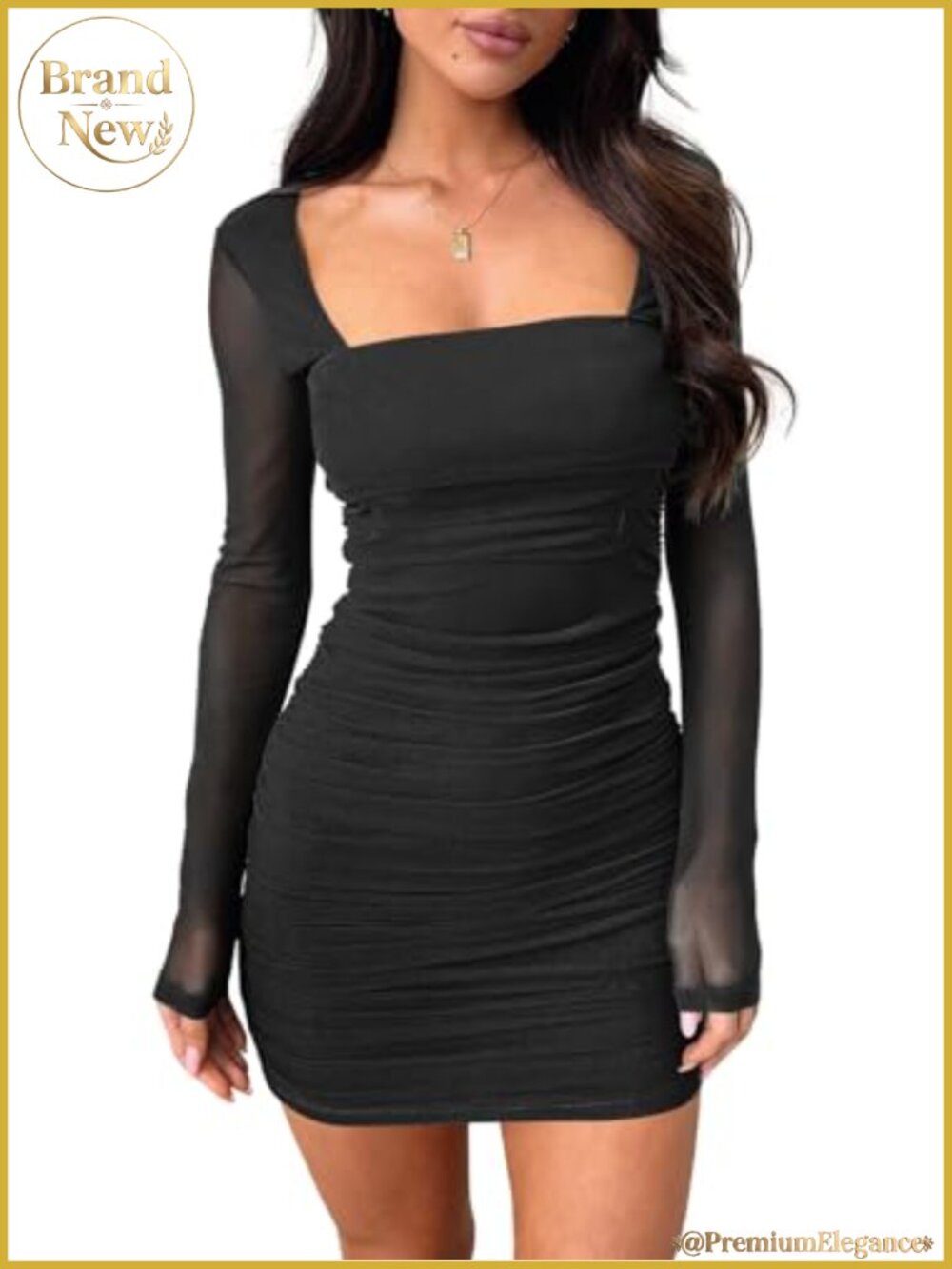 Women's Mesh Long Sleeve Square Neck Ruched Bodycon Mini Dress Club Party
